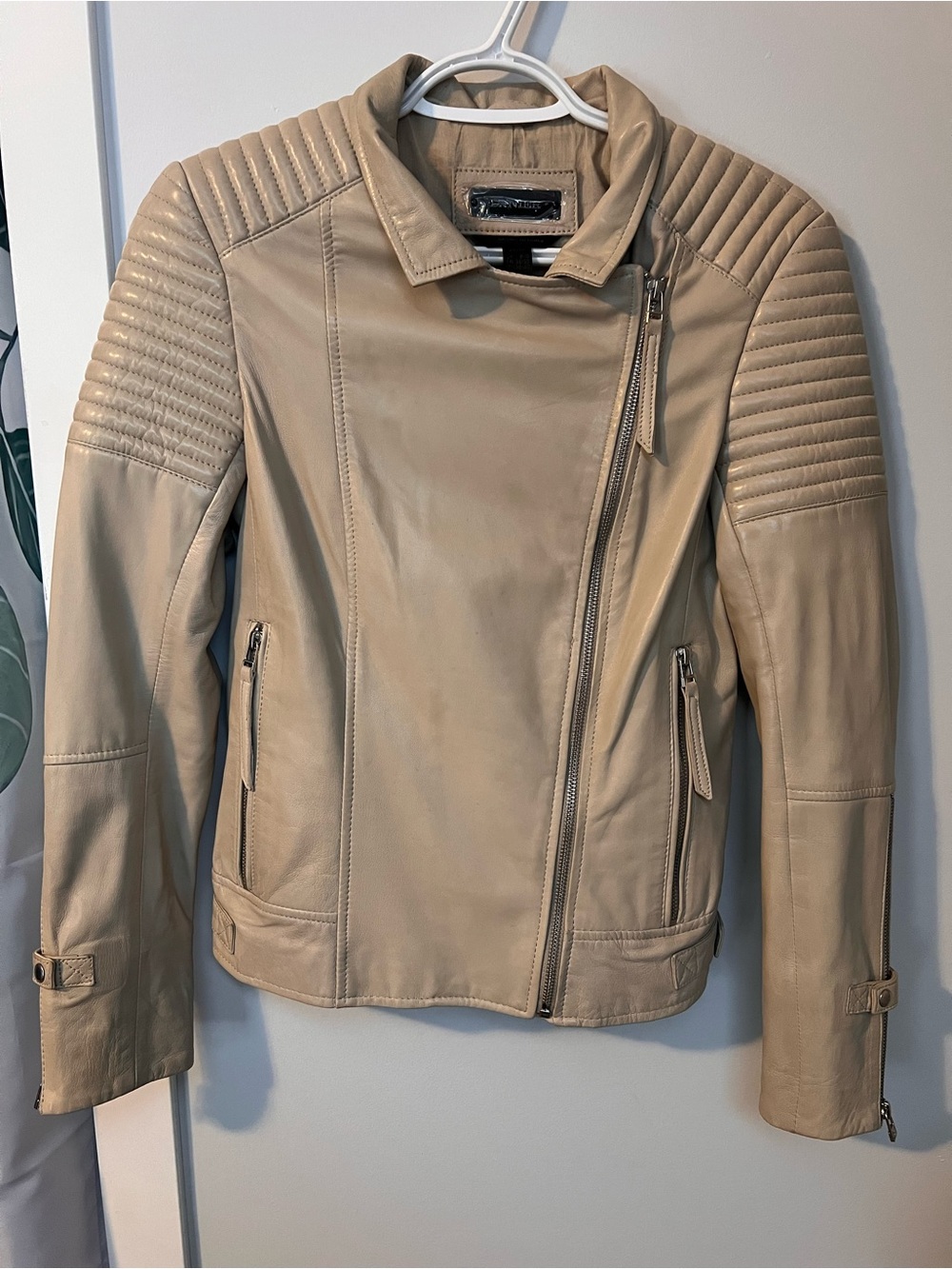 Danier Light Beige Leather Moto Jacket with Quilted Shoulders